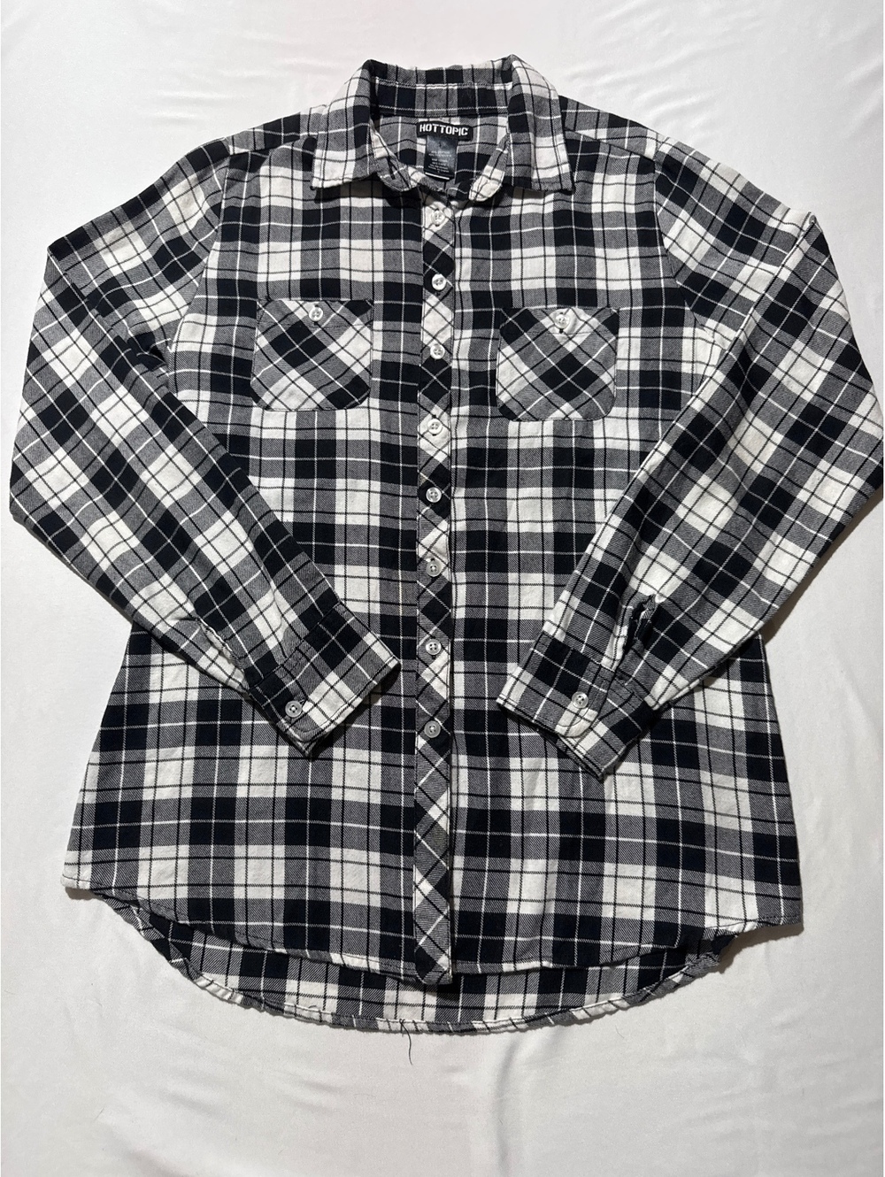 Hot Topic Black & White Plaid Button-Up Shirt with Lace-Upsk